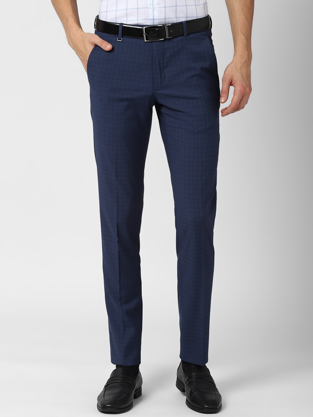 Van Heusen Men Navy Blue Checked Slim Fit Trousers