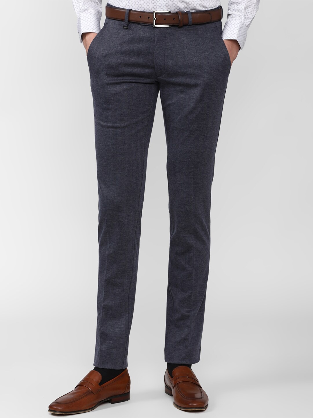 

Van Heusen Men Navy Blue Textured Slim Fit Trousers