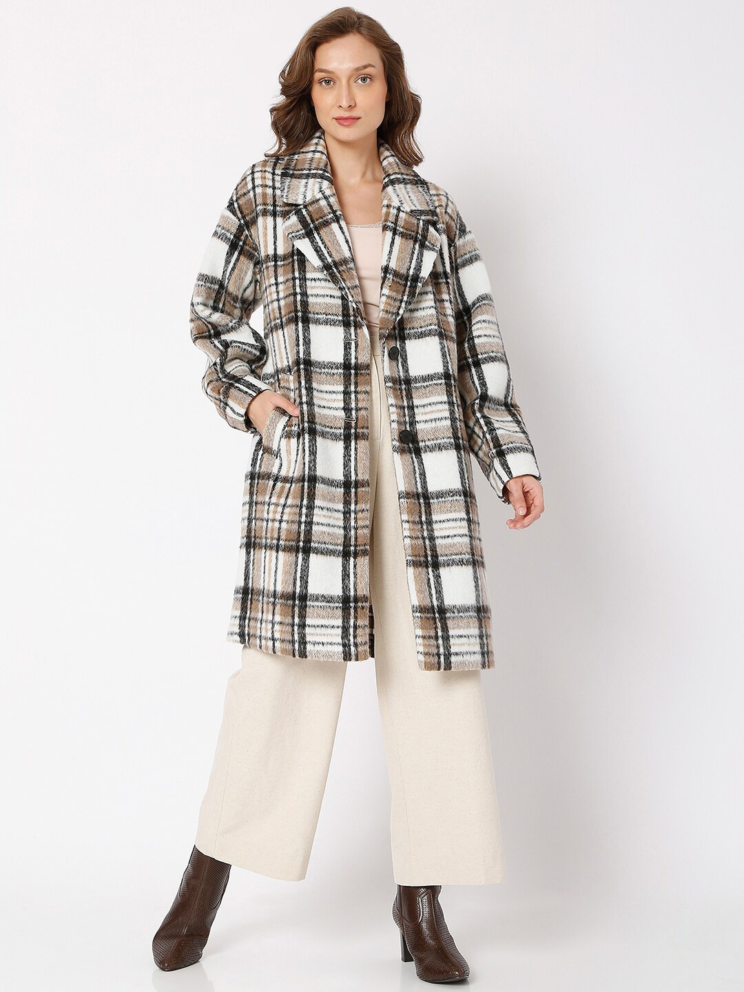 

Vero Moda Women Beige & Brown Checked Trench Coat