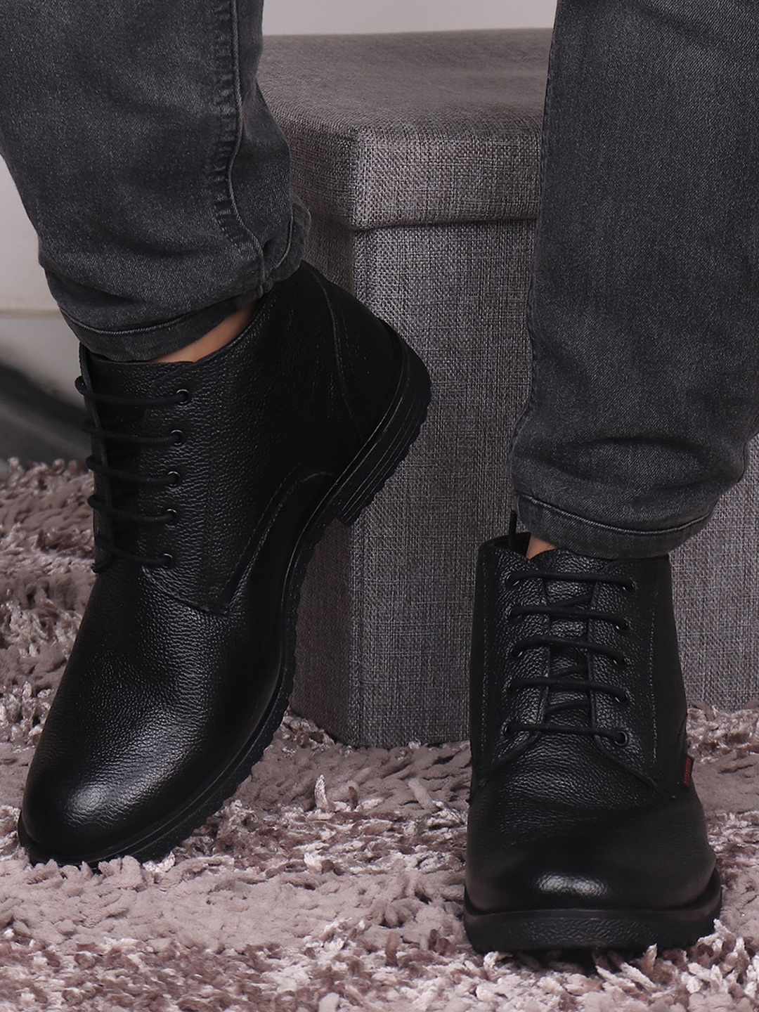 Red Chief Men Black Solid Leather Casual Regular Boots