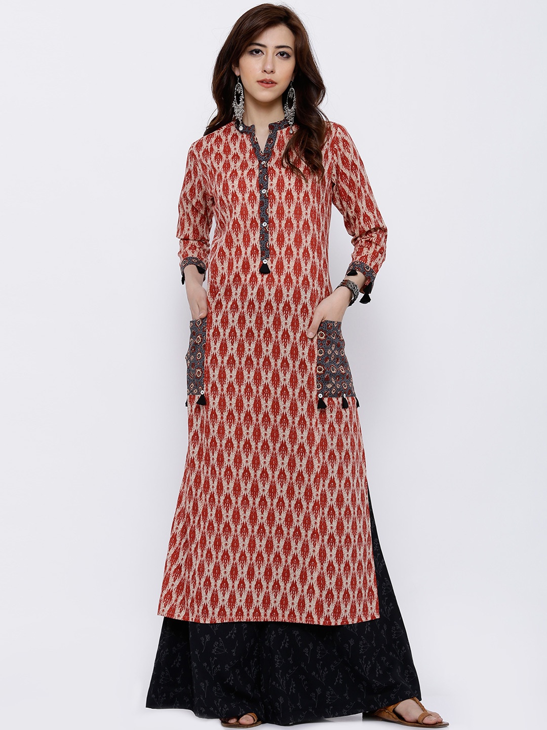 

Vishudh Women Rust Red & Beige Printed Straight Kurta