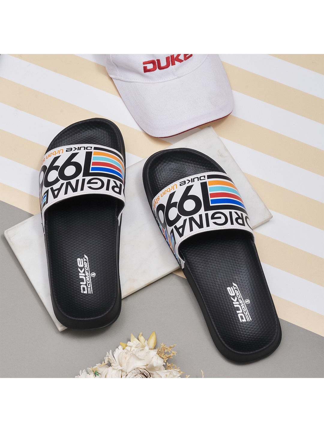 

Duke Men Navy Blue & White Printed Sliders