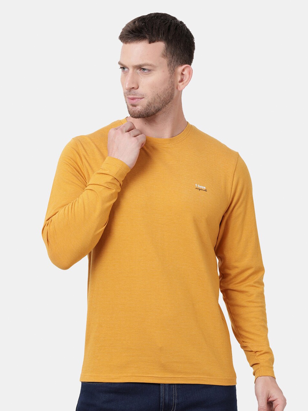 t-base Men Yellow Striped Regular Fit T-shirt