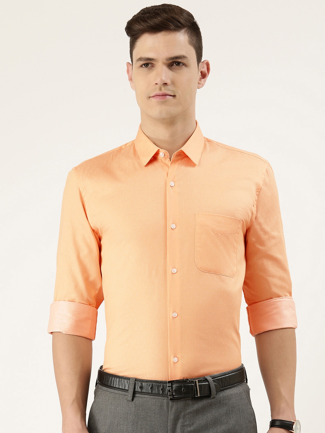 

Peter England Men Peach-Coloured Self Design Slim Fit Pure Cotton Formal Shirt