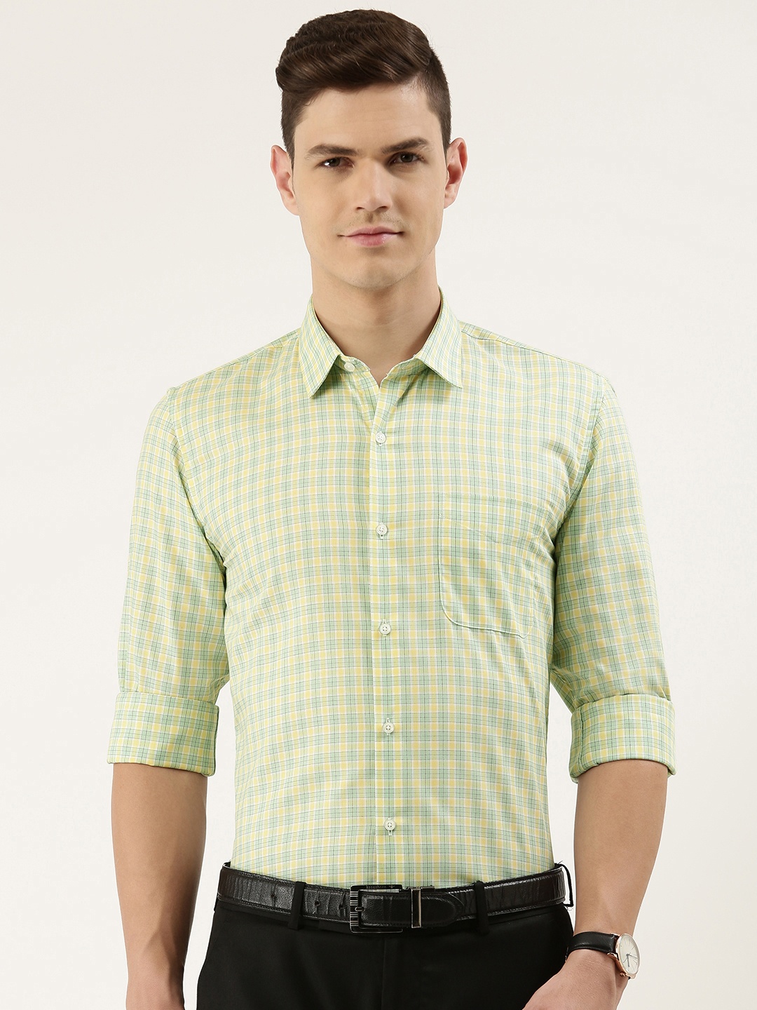 

Peter England Men Light Green And Yellow Slim Fit Checked Pure Cotton Formal Shirt