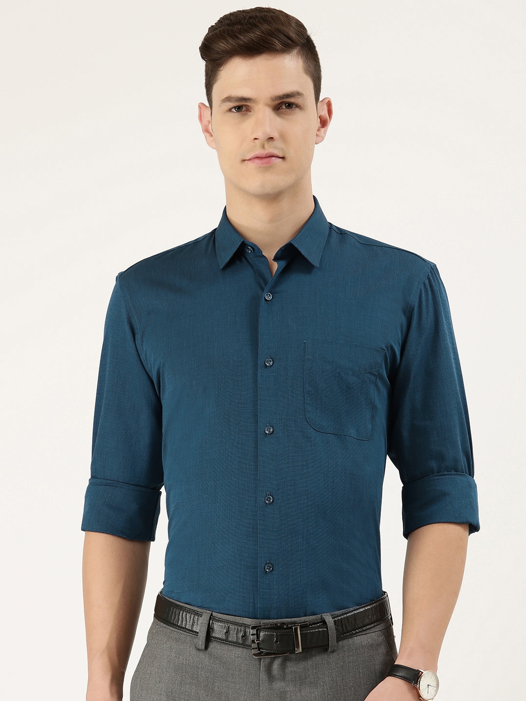 

Peter England Men Teal Blue Solid Slim Fit Pure Cotton Formal Shirt