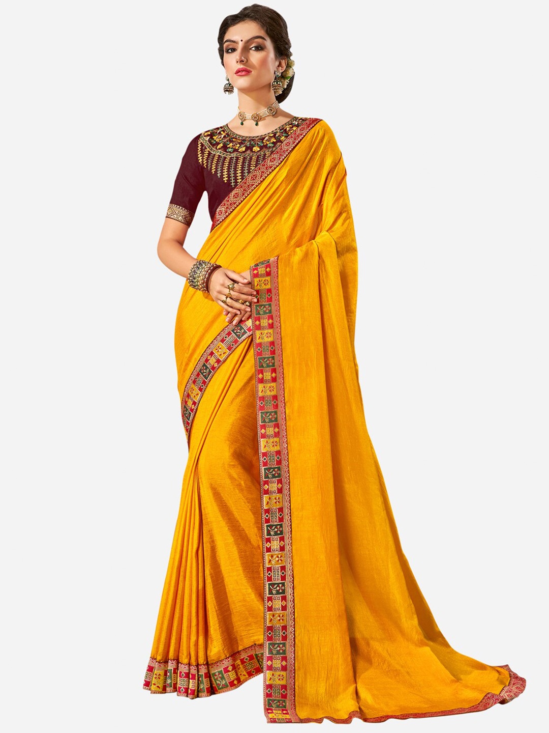 

Mitera Women Solid Mustard & Red Zari Saree