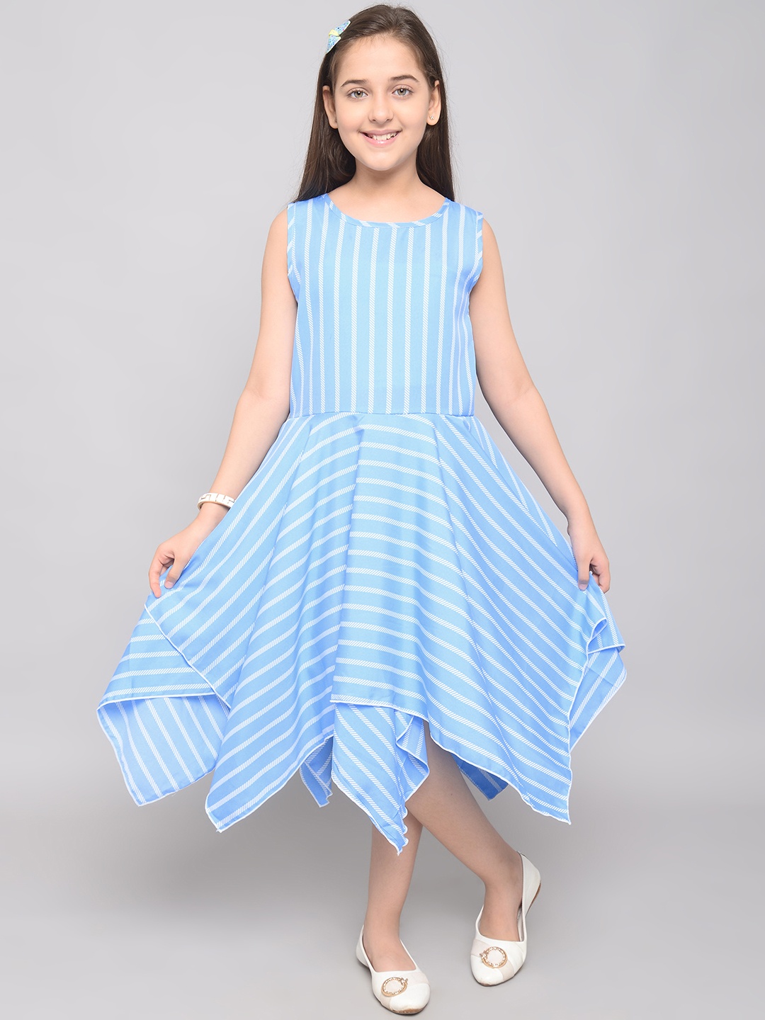 

White World Girls Turquoise Blue Striped Midi Dress