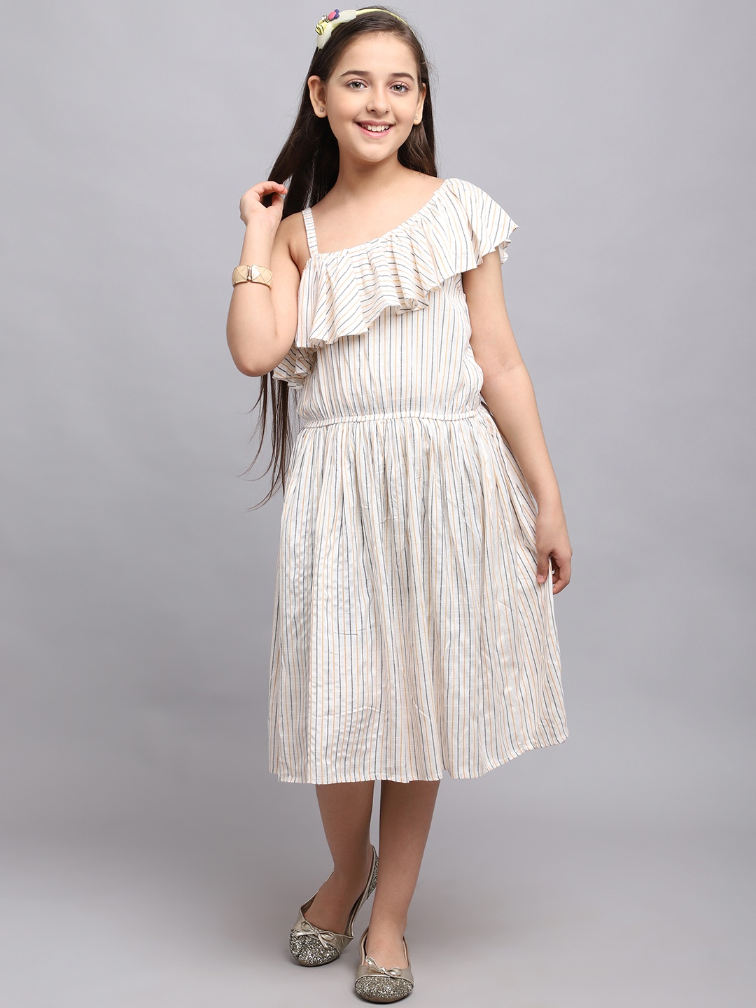 

White World Off White Striped One Shoulder Midi Dress