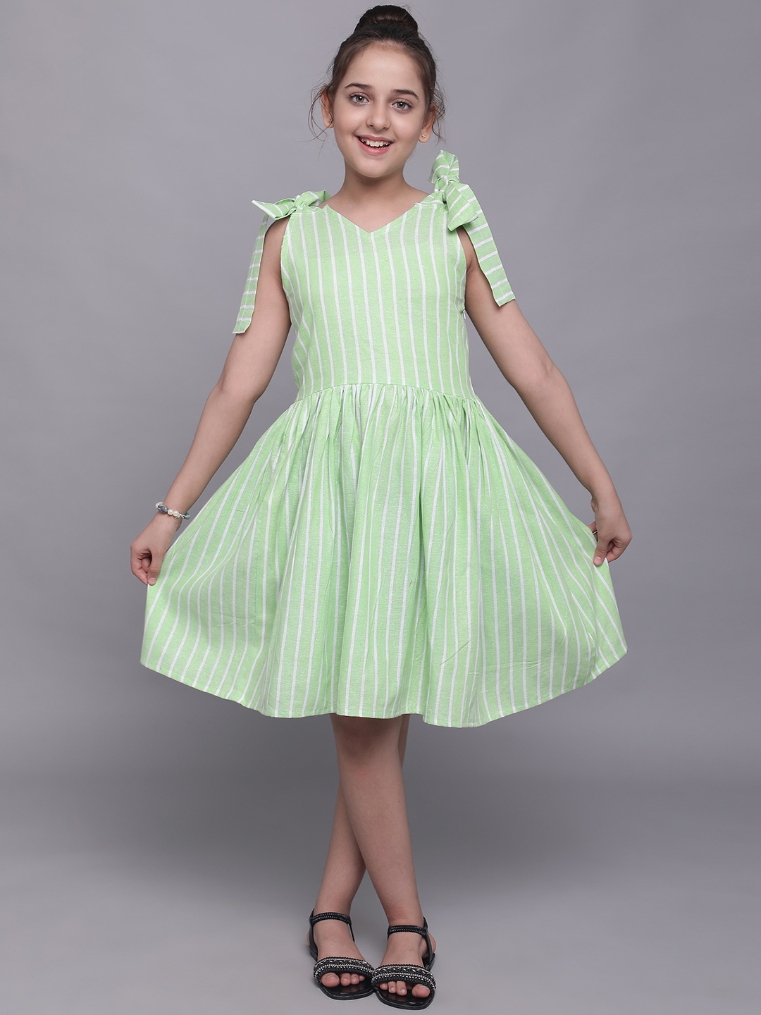 

White World Olive Green Striped Shoulder Straps Dress