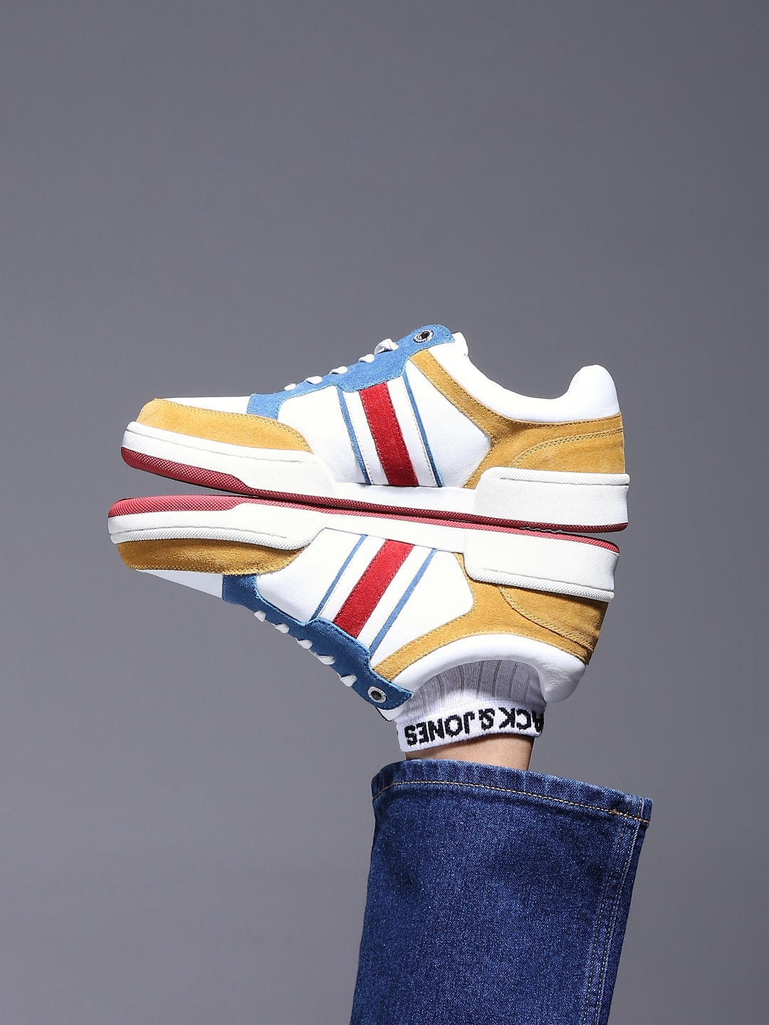 Jack & Jones Men White Striped Leather Shoes