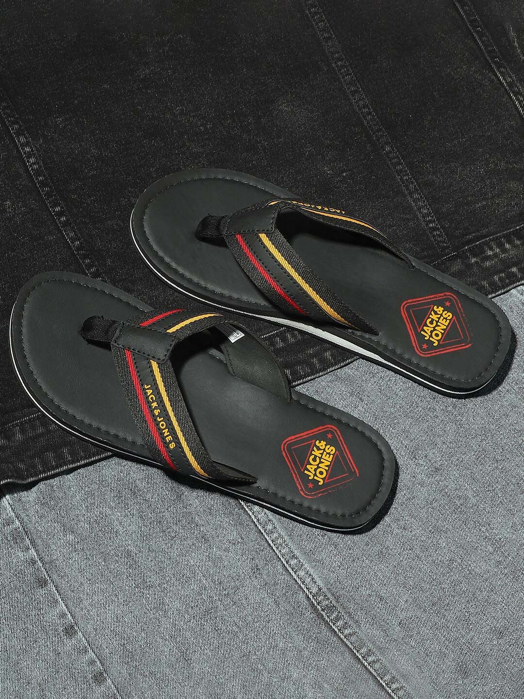 

Jack & Jones Men Black Printed Thong Flip-Flops