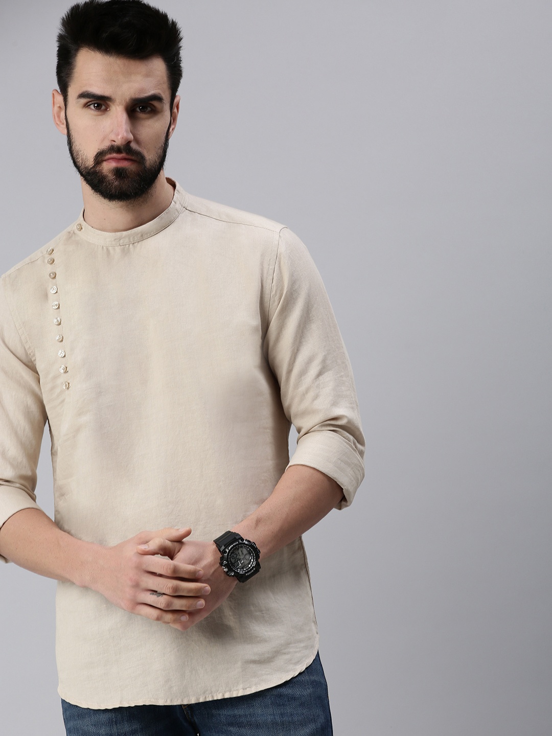 

SHOWOFF Men's Solid Beige Mandarin Collar Kurtas