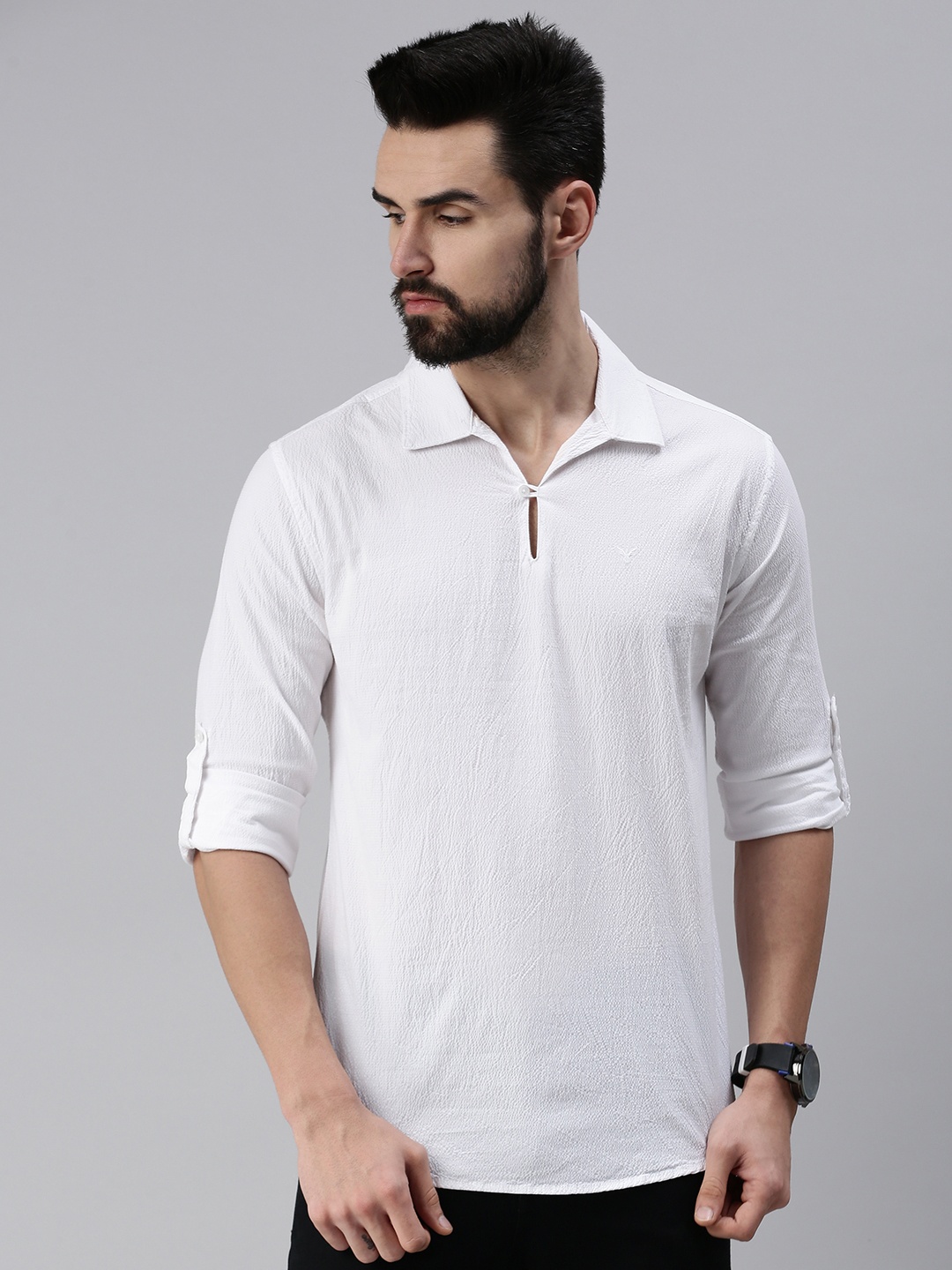 

SHOWOFF Men White Solid Roll Up Sleeves Kurta