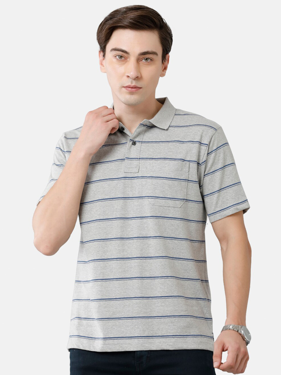 

Classic Polo Men Grey Striped Polo Collar T-shirt