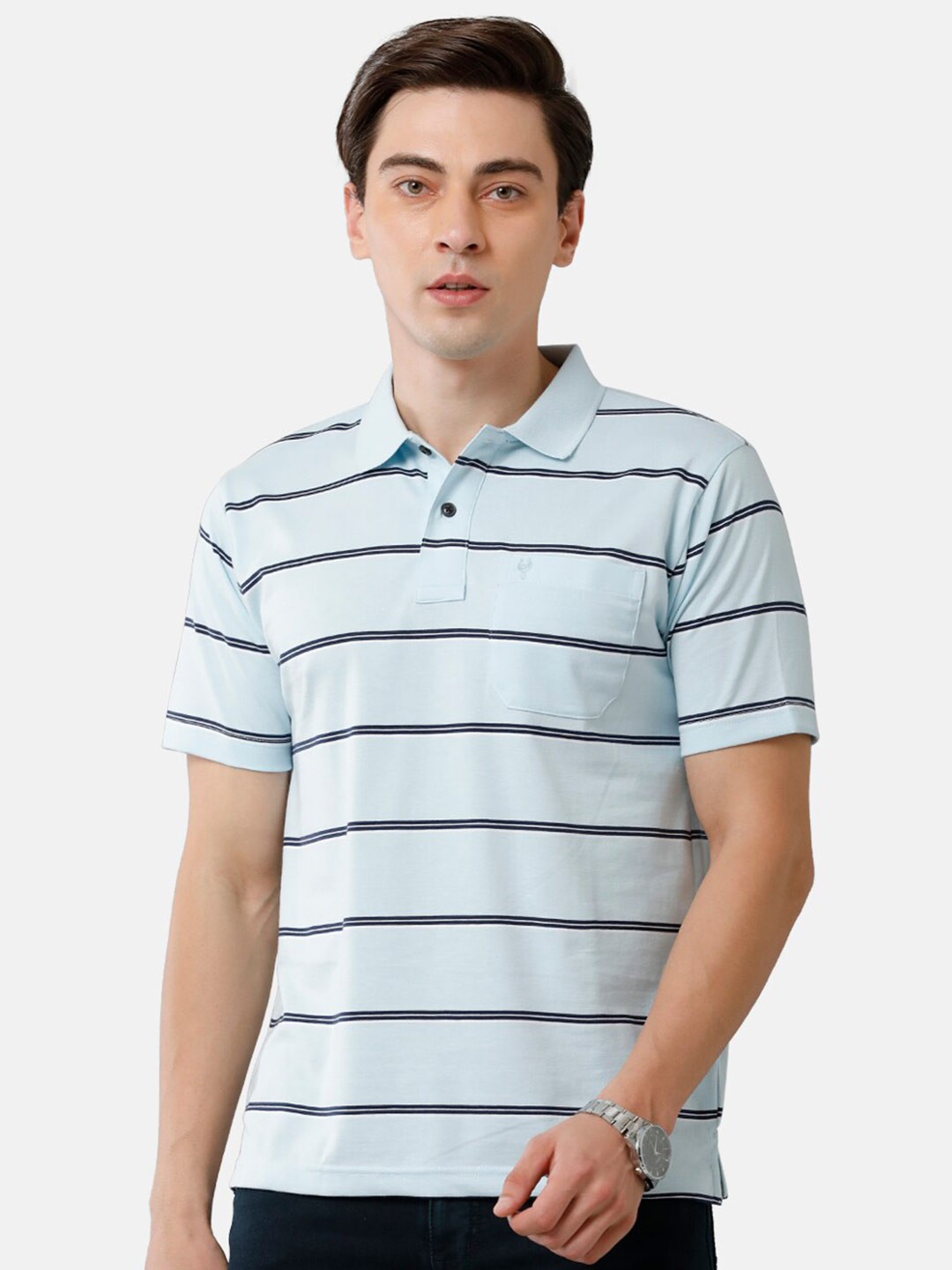 

Classic Polo Men Blue Striped Polo Collar Cotton T-shirt