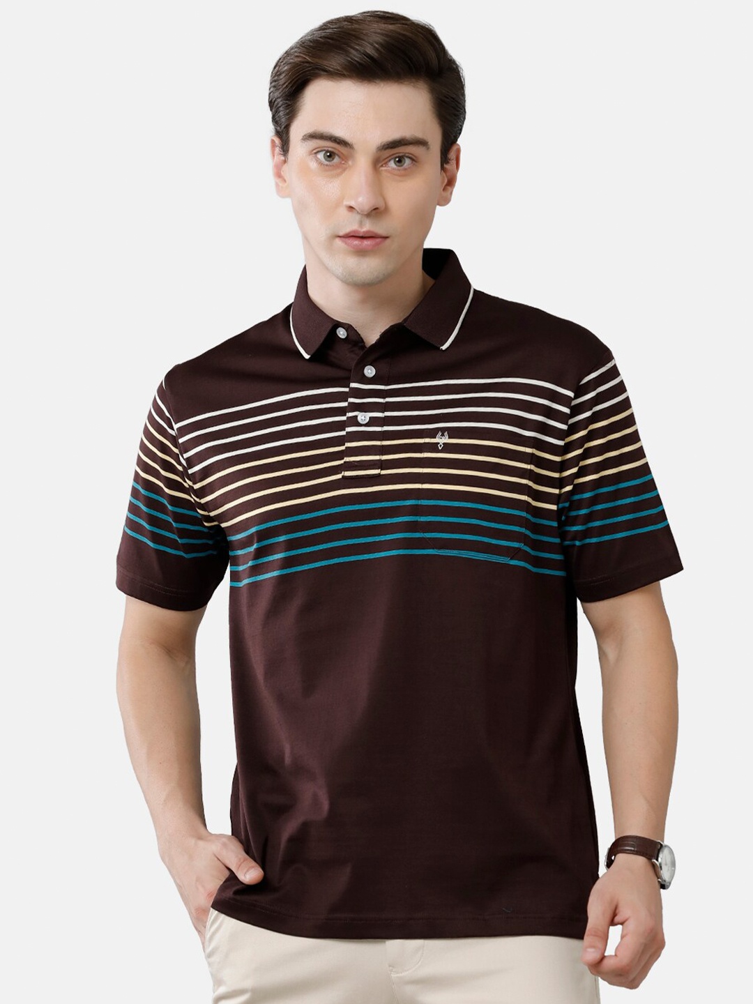 

Classic Polo Men Brown Striped Polo Collar Pure Cotton T-shirt