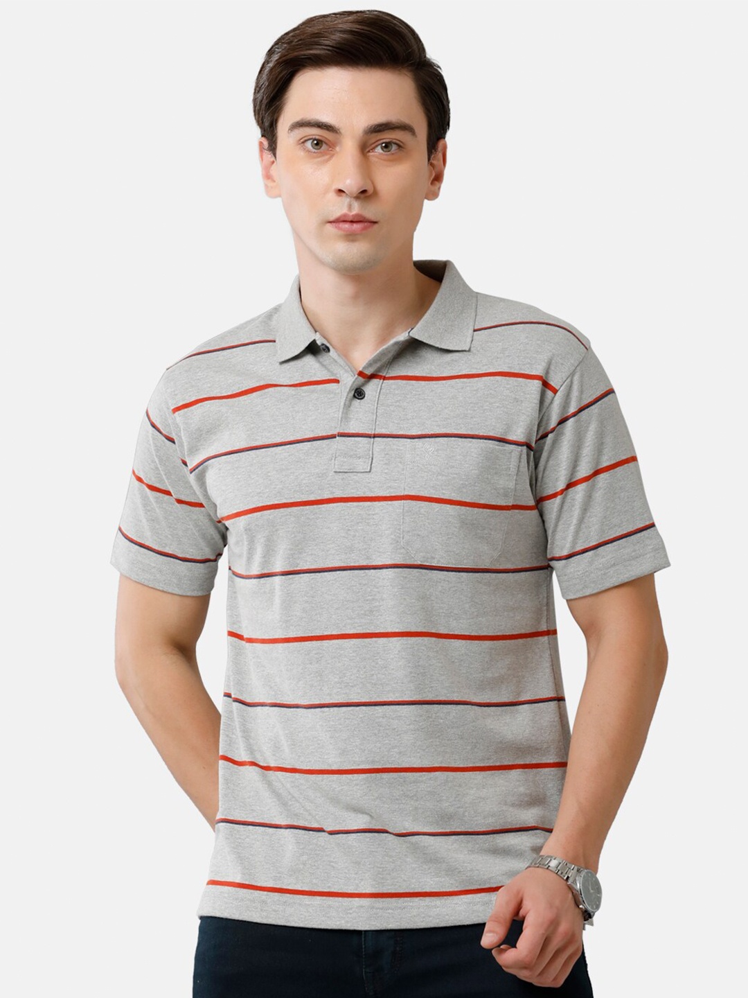 

Classic Polo Men Grey Striped Polo Collar T-shirt