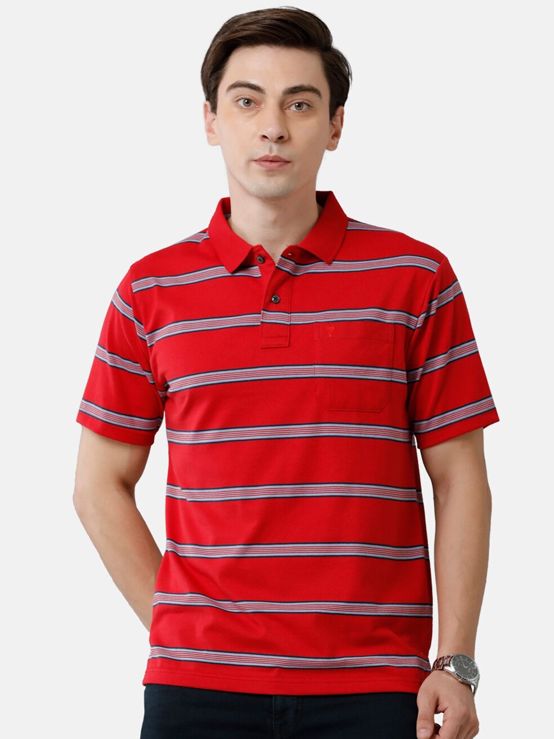 

Classic Polo Men Red Striped Polo Collar T-shirt