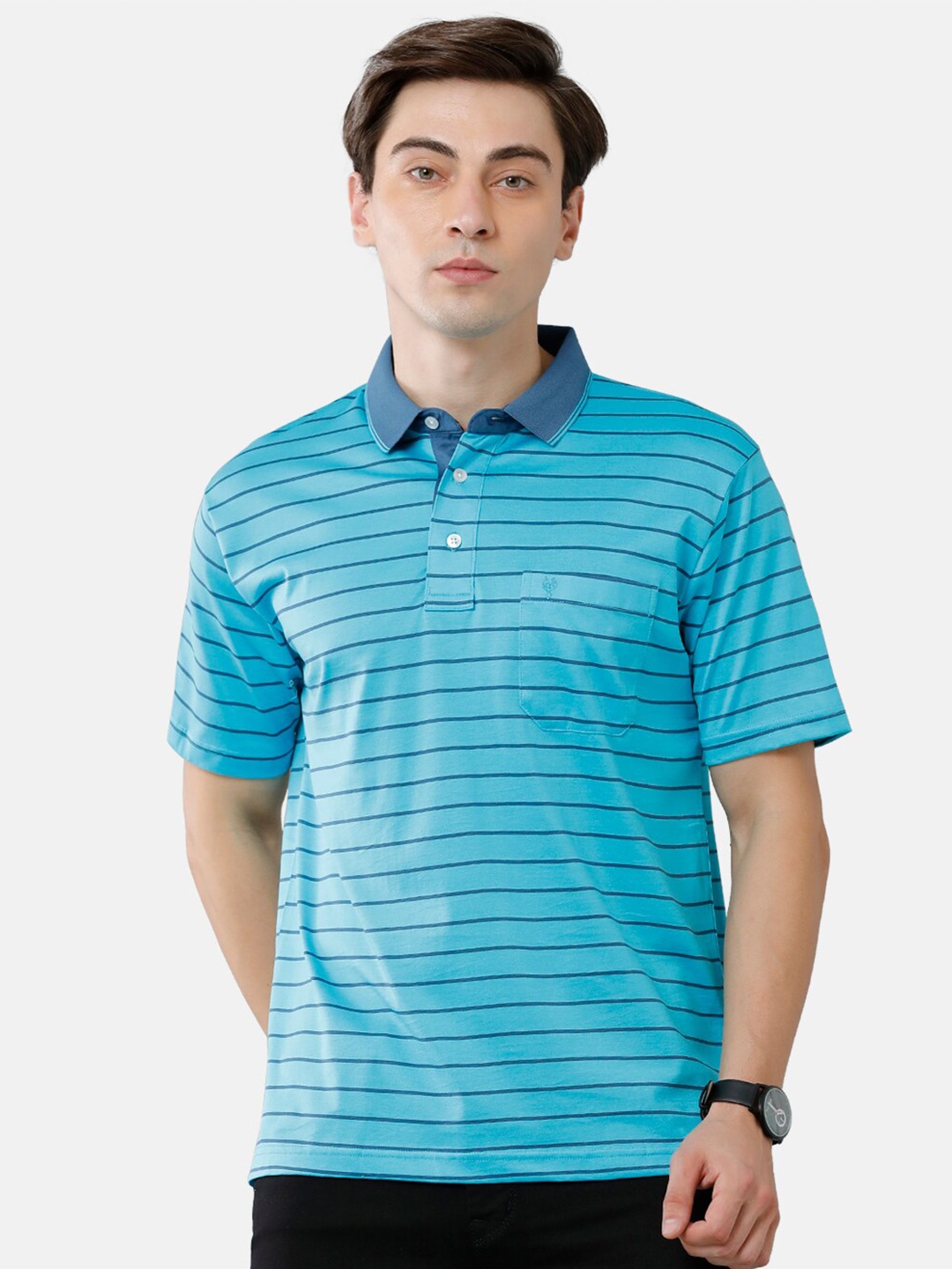 

Classic Polo Men Blue Striped Polo Collar Pure Cotton T-shirt