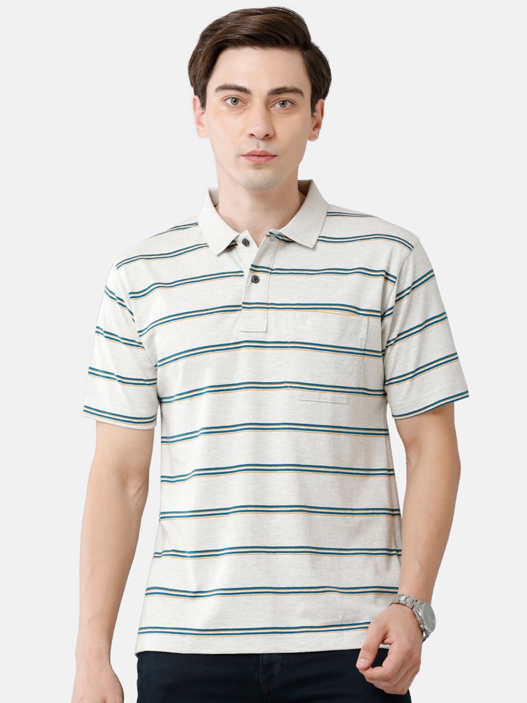 

Classic Polo Men Grey Striped Polo Collar T-shirt