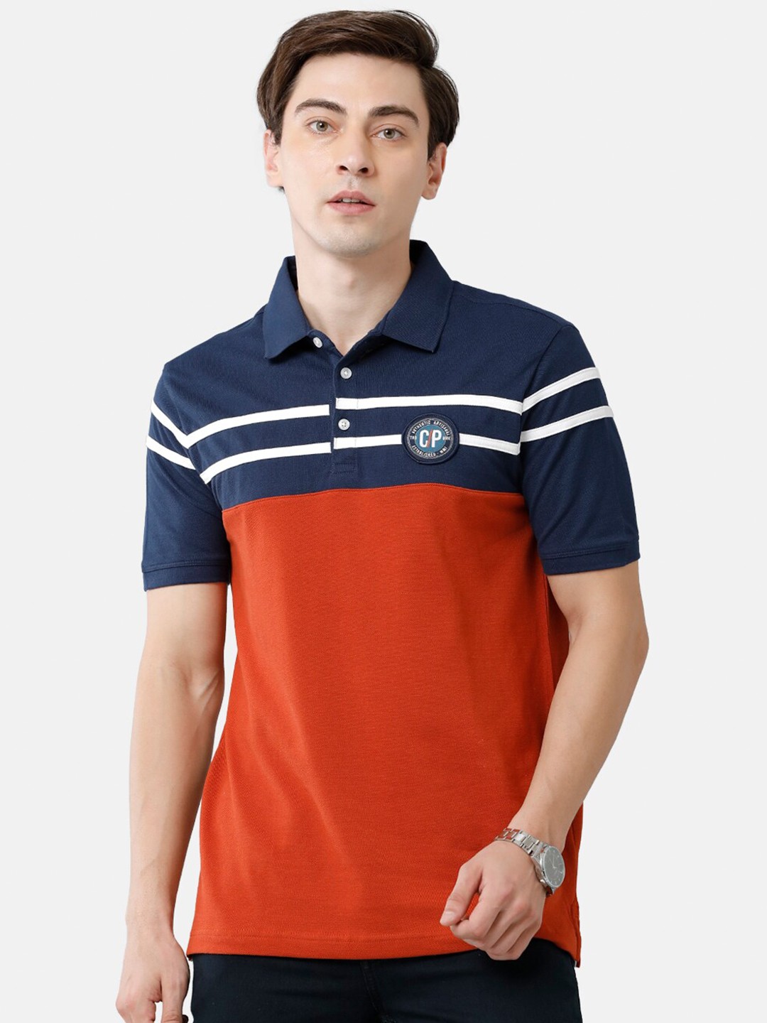 

Classic Polo Men Blue & Red Colourblocked Pure Cotton Slim Fit T-shirt