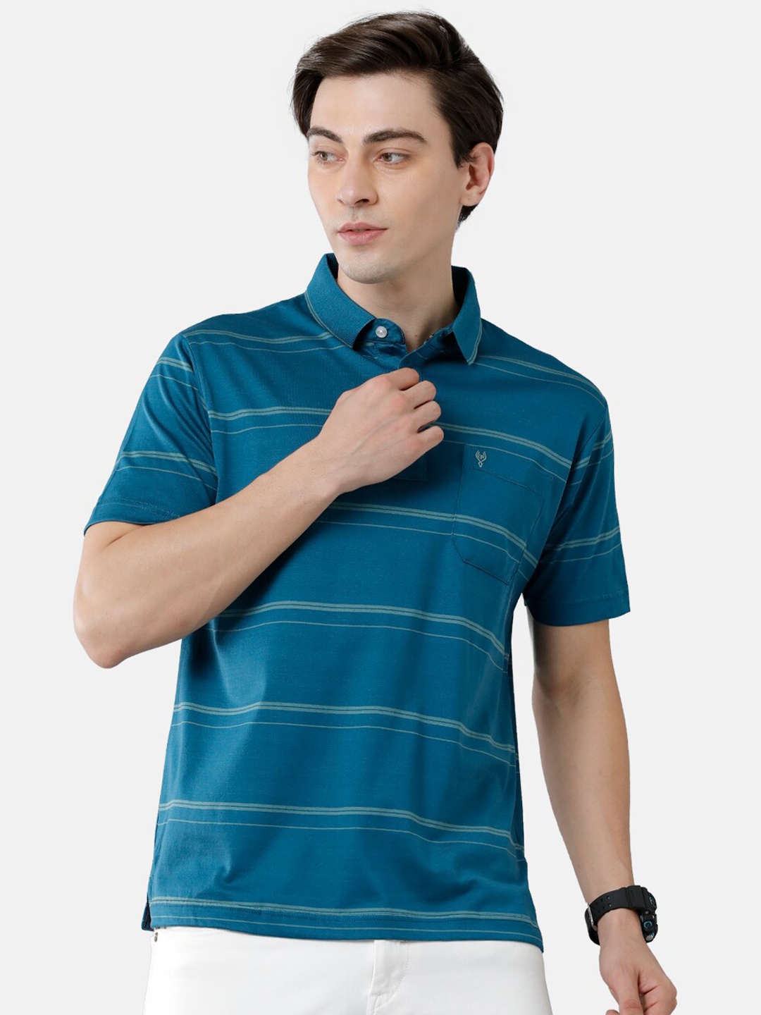 

Classic Polo Men Blue Striped Polo Collar Pure Cotton T-shirt