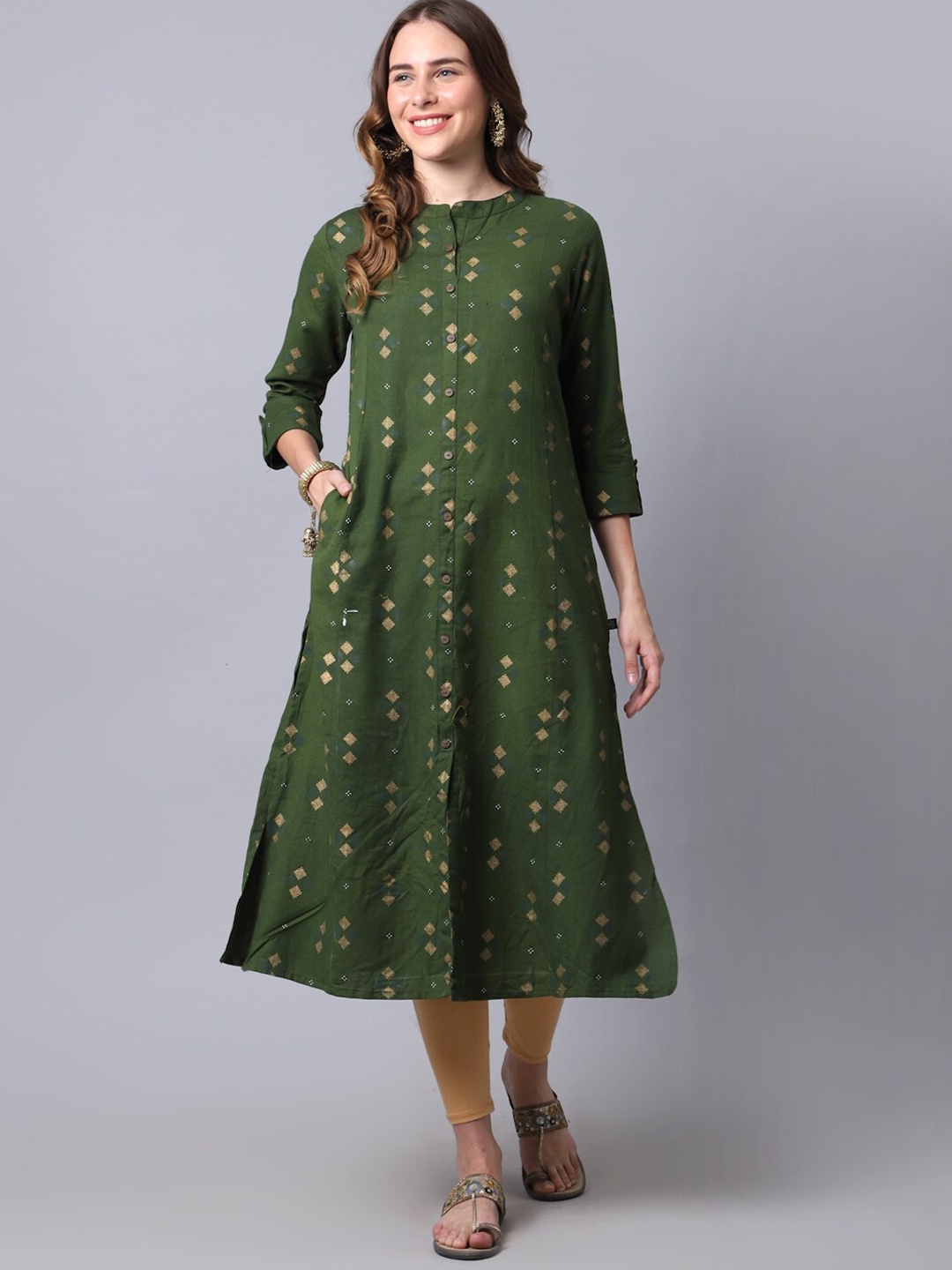 Pistaa Women Green Geometric Printed Kurta