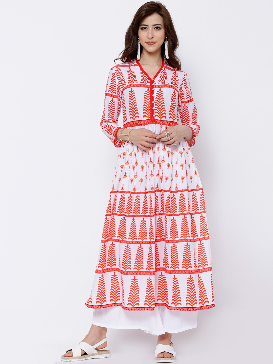 

Vishudh Women White & Orange Printed A-Line Kurta