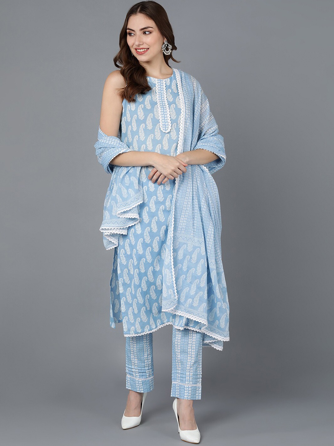 AHIKA Women Blue Paisley Yoke Design Pure Cotton Kurta with Trousers & With Dupatta