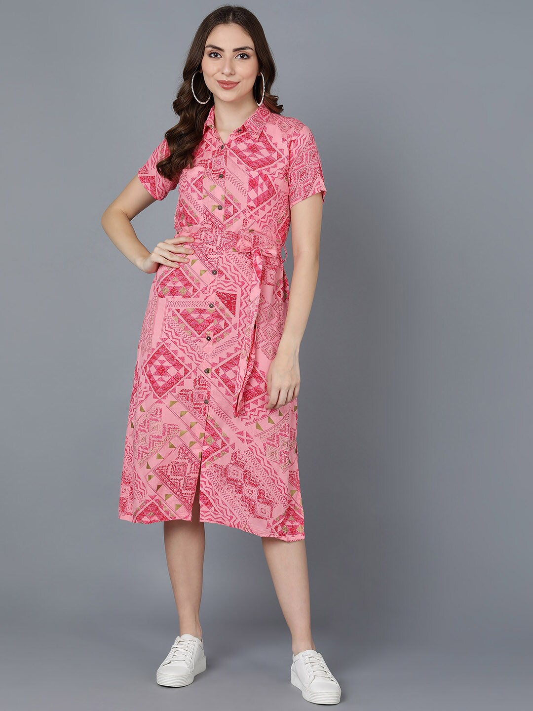 

AHIKA Pink Geometric Printed Shirt Style Midi Dress Comes With a Belt