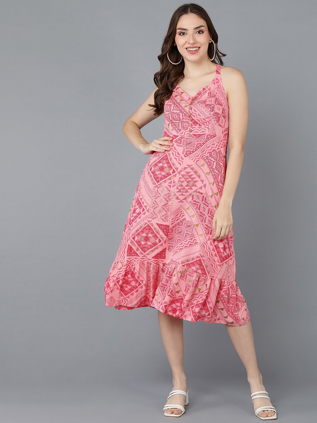 

AHIKA Women Pink Printed Cotton Midi Dress
