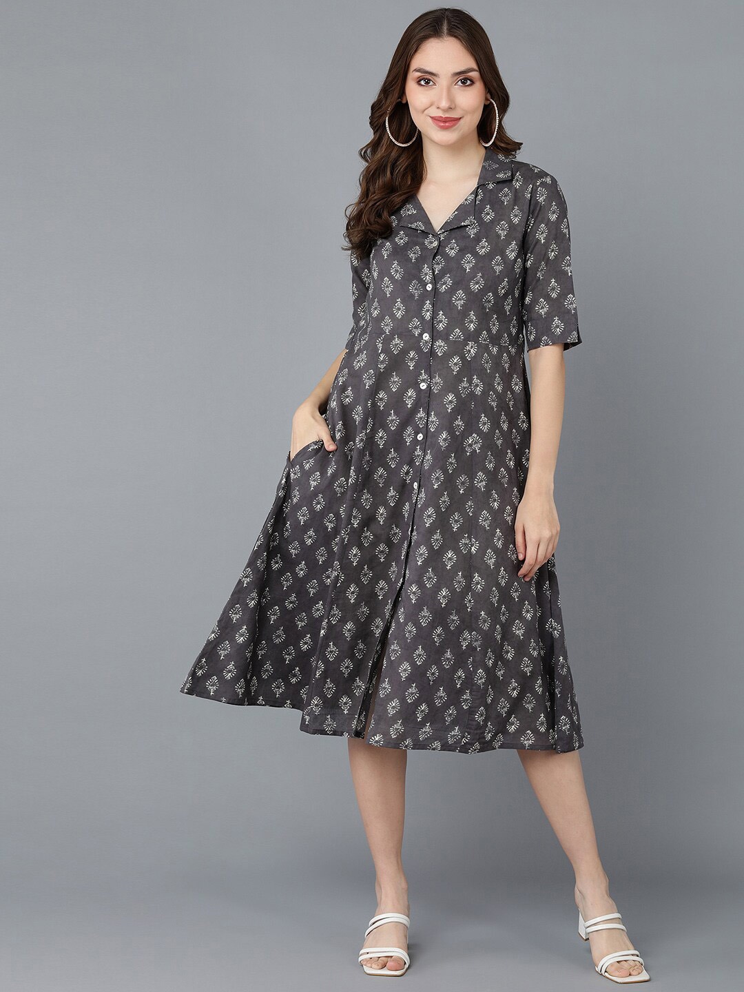

AHIKA Taupe Ethnic Motifs A-Line Midi Dress