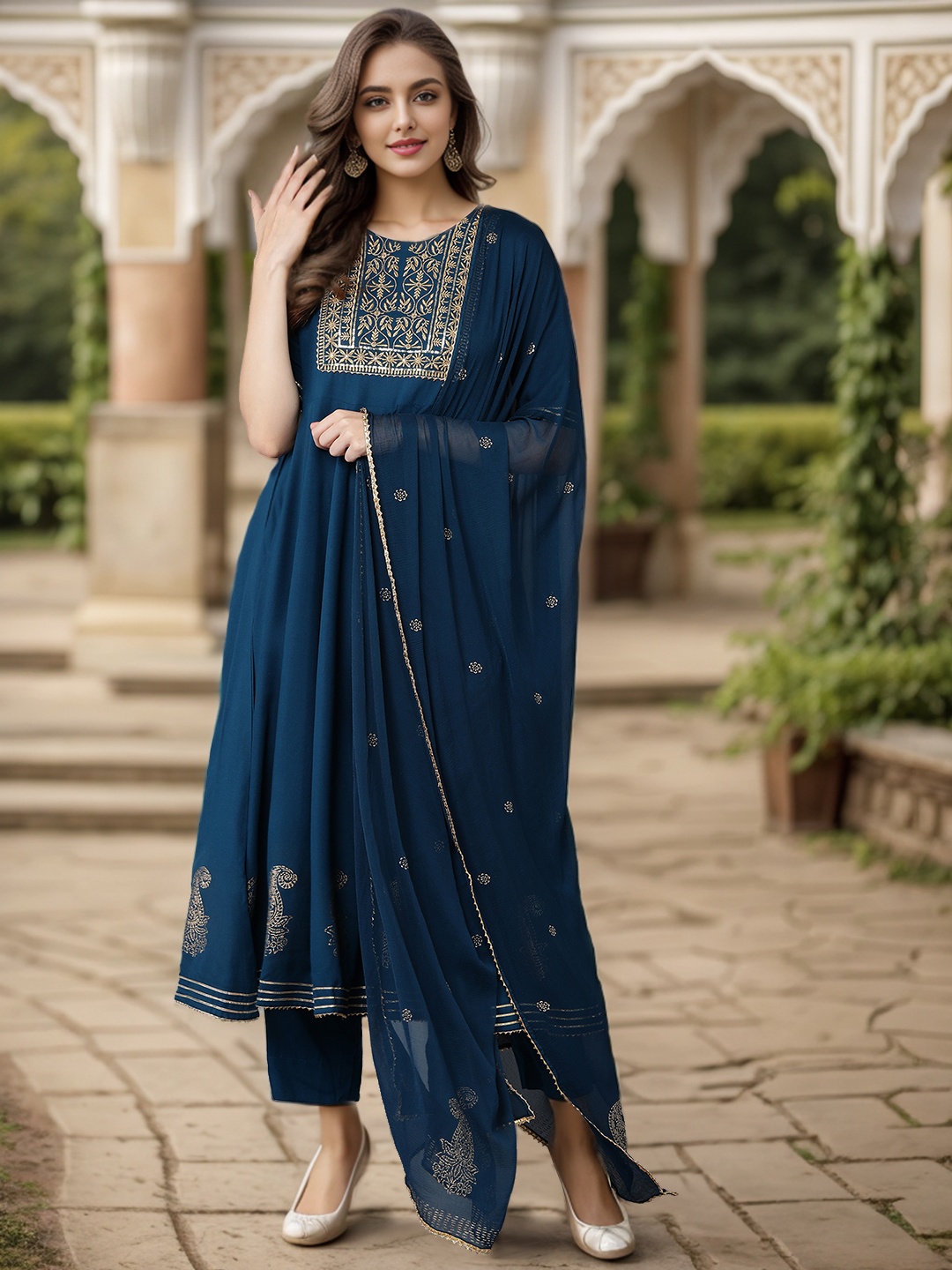 

AHIKA Women Teal Floral Yoke Design Zari & Sequinned Kurti with Trousers & With Dupatta