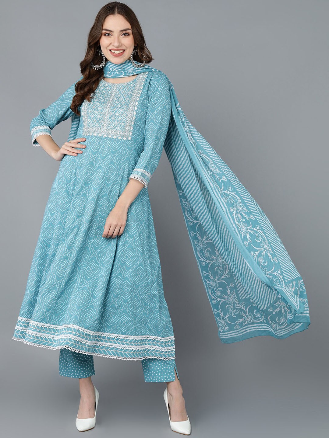 

AHIKA Women Floral Embroidered Layered Kurta with Trousers & With Dupatta, Blue