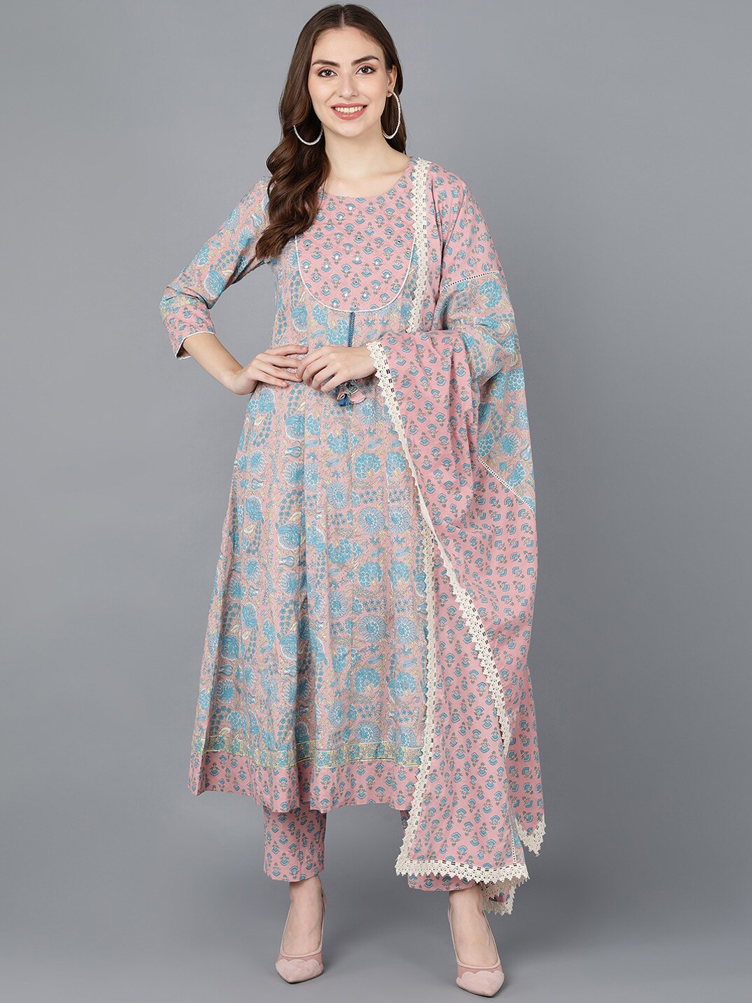 

AHIKA Women Pink Printed Panelled Pure Cotton Kurta with Trousers & With Dupatta