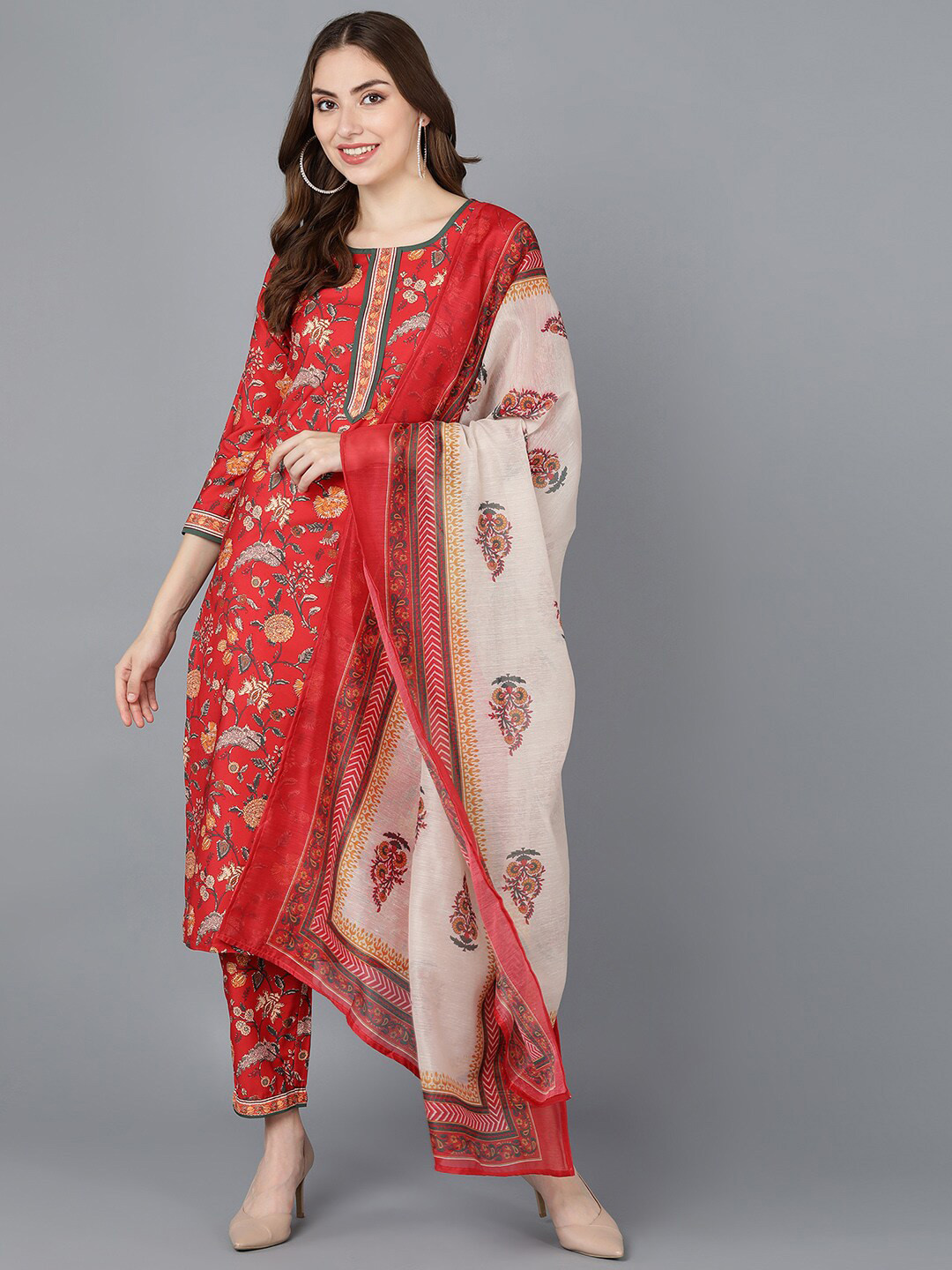 

AHIKA Women Red Ethnic Motifs Printed Kurta with Trousers & With Dupatta