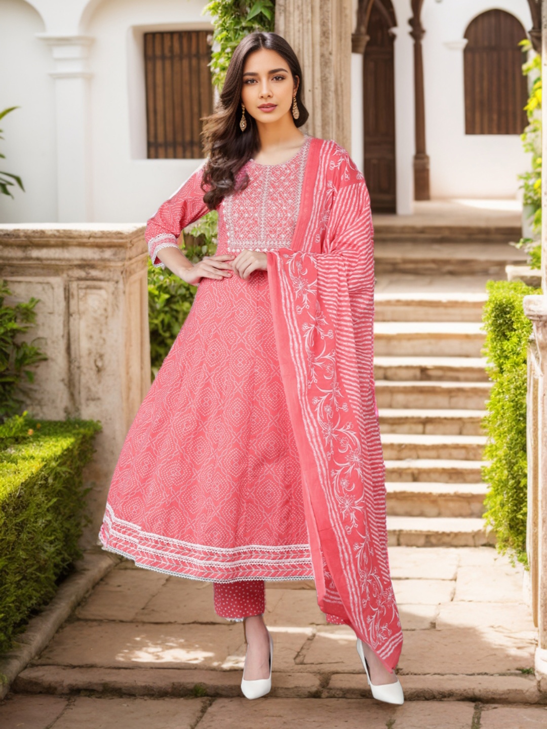 

AHIKA Women Peach-Coloured Embroidered Kurta with Trousers & With Dupatta