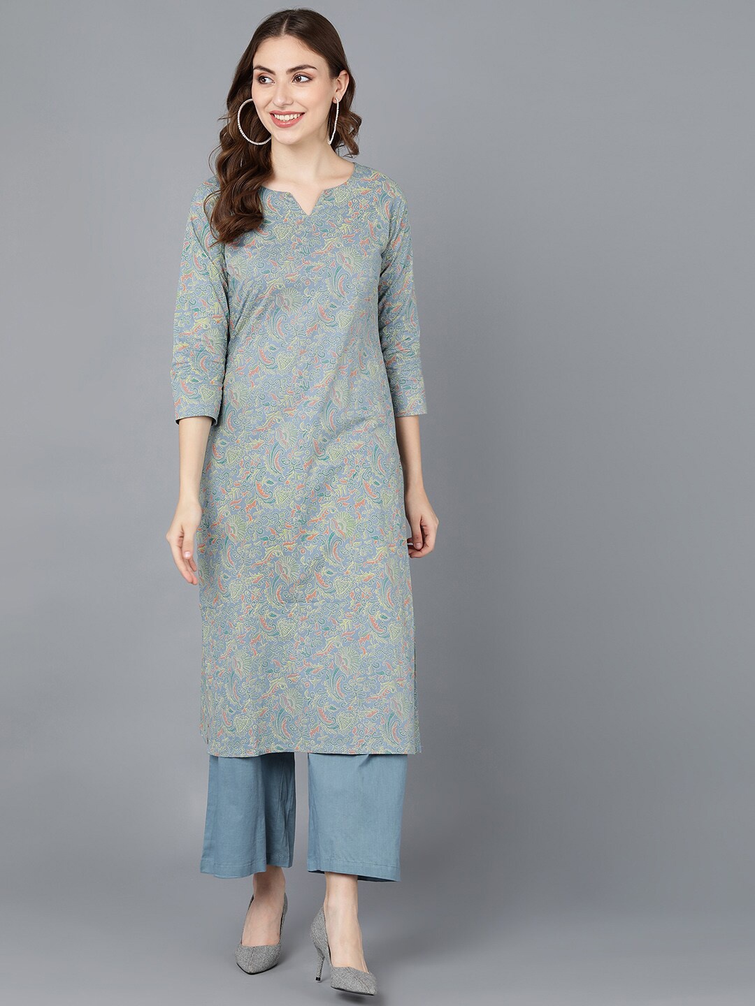 

AHIKA Women Teal Blue Floral Printed Cotton Kurta