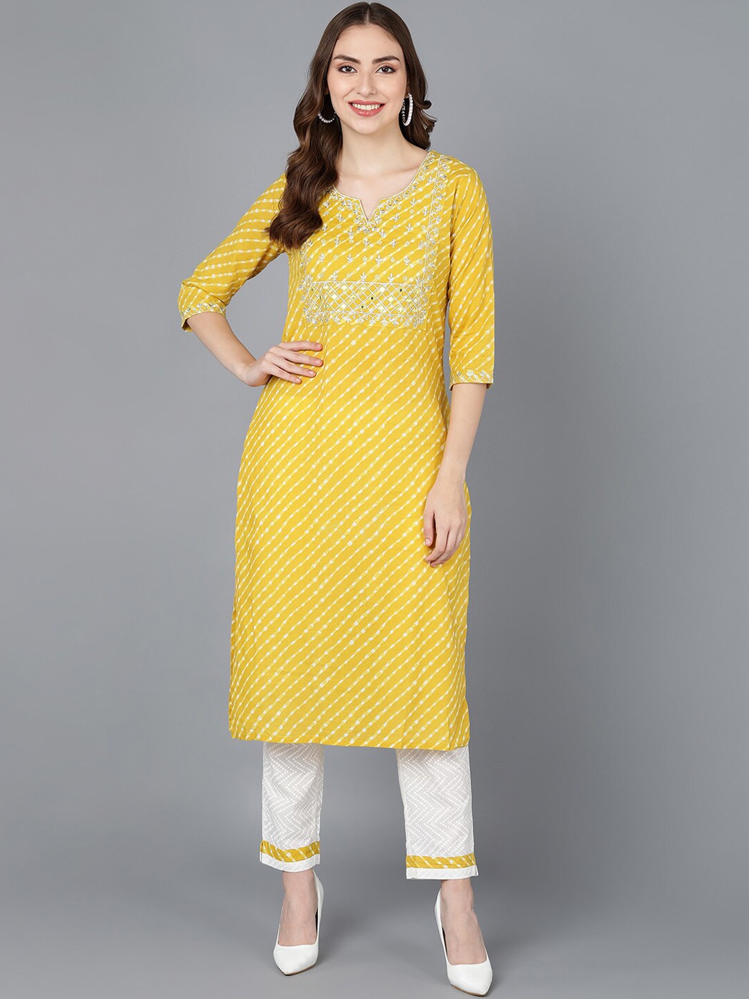 

AHIKA Women Yellow Leheriya Printed Pure Cotton Kurta with Trousers