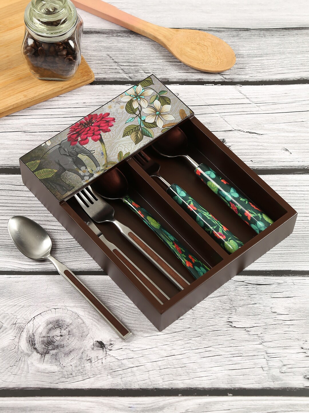 

India Circus by Krsnaa Mehta Blue Printed March of the Blossoms Cutlery Tray, Grey