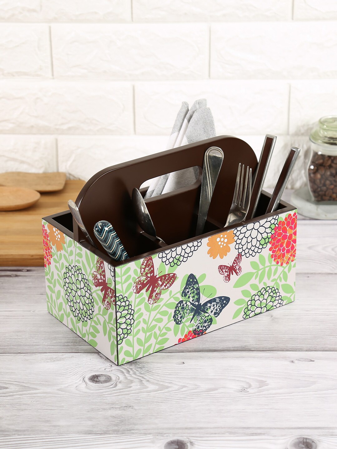 

India Circus by Krsnaa Mehta Beige & Green Printed Cutlery Holder