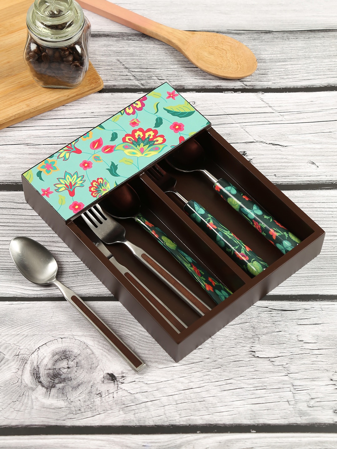 

India Circus by Krsnaa Mehta Green Neon Cyanic Pop Burst Wood Cutlery Tray