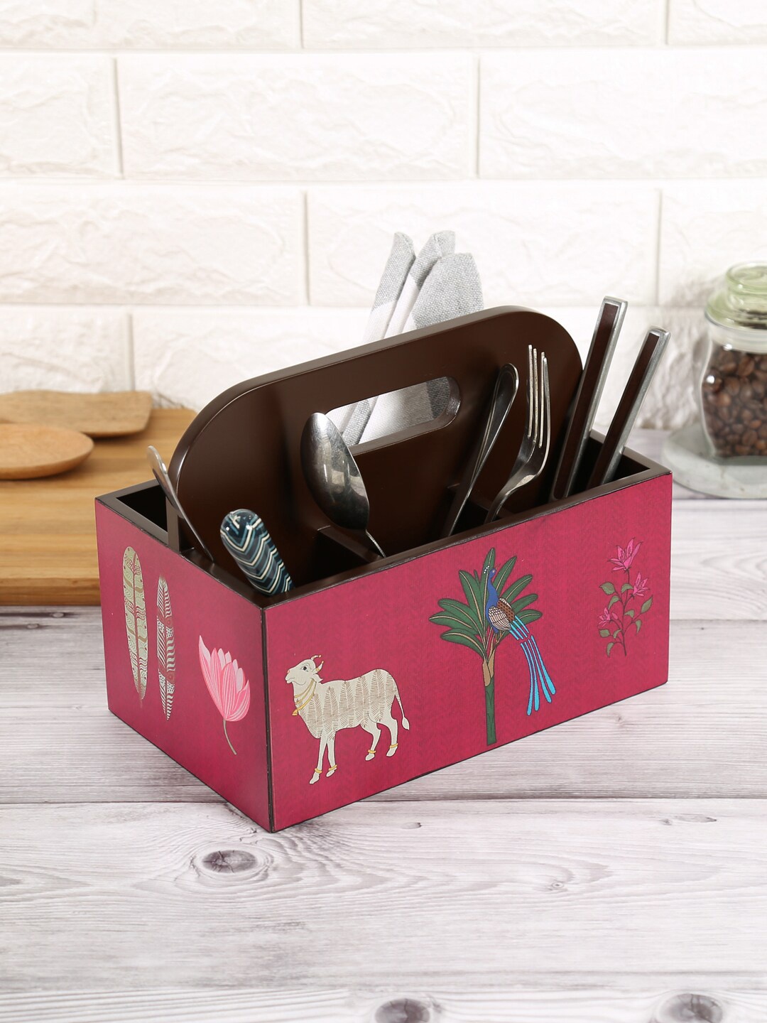 

India Circus by Krsnaa Mehta Pink Printed Wooden Cutlery Holder