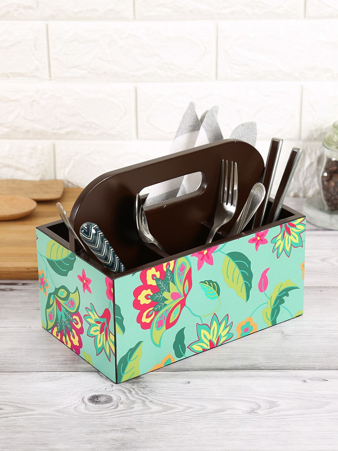 

India Circus by Krsnaa Mehta Green Floral Printed Cutlery Holder