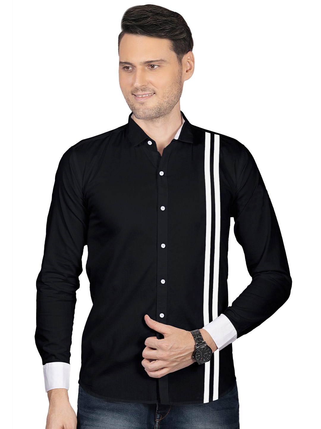 

FINIVO FASHION Men Black Solid Side Stripe Casual Shirt