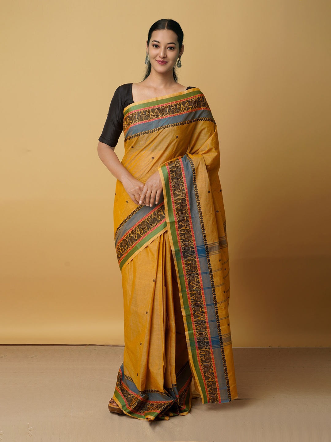 

Unnati Silks Yellow & Green Woven Design Pure Handloom Pavani Chettinad Cotton Saree