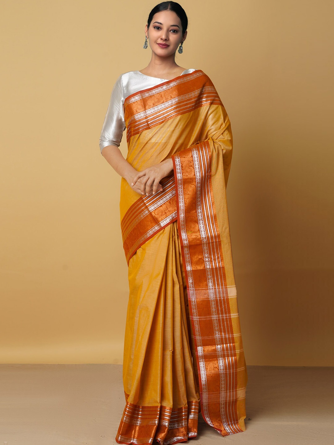 

Unnati Silks Brown & Orange Woven Design Zari Pure Cotton Chettinad Saree