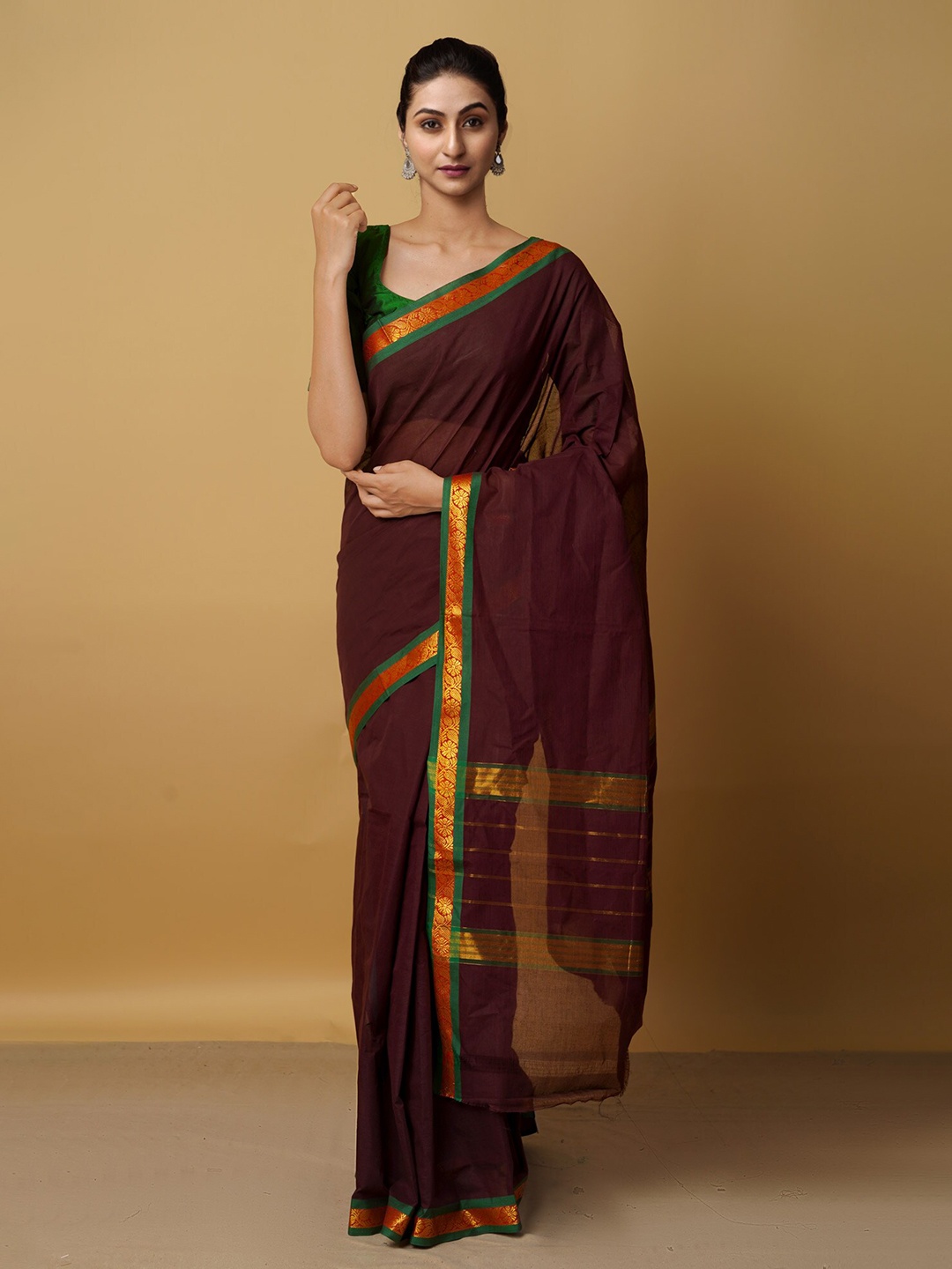 

Unnati Silks Coffee Brown & Gold-Toned Woven Design Zari Pure Cotton Venkatgiri Saree