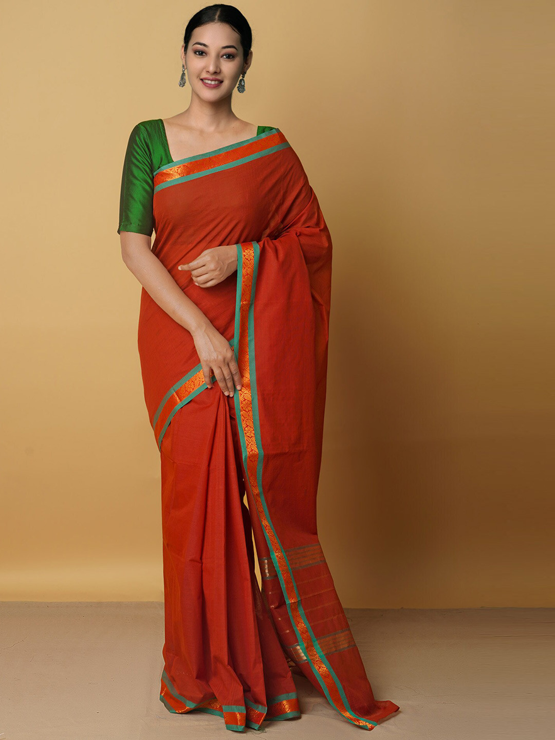 

Unnati Silks Red & Green Zari Pure Cotton Venkatgiri Saree